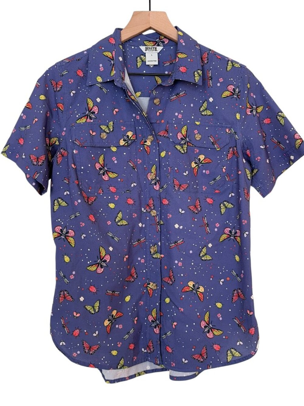 Duluth Trading Co Purple Butterfly Bug Print Short Sleeve Shirt - Picture 2 of 7